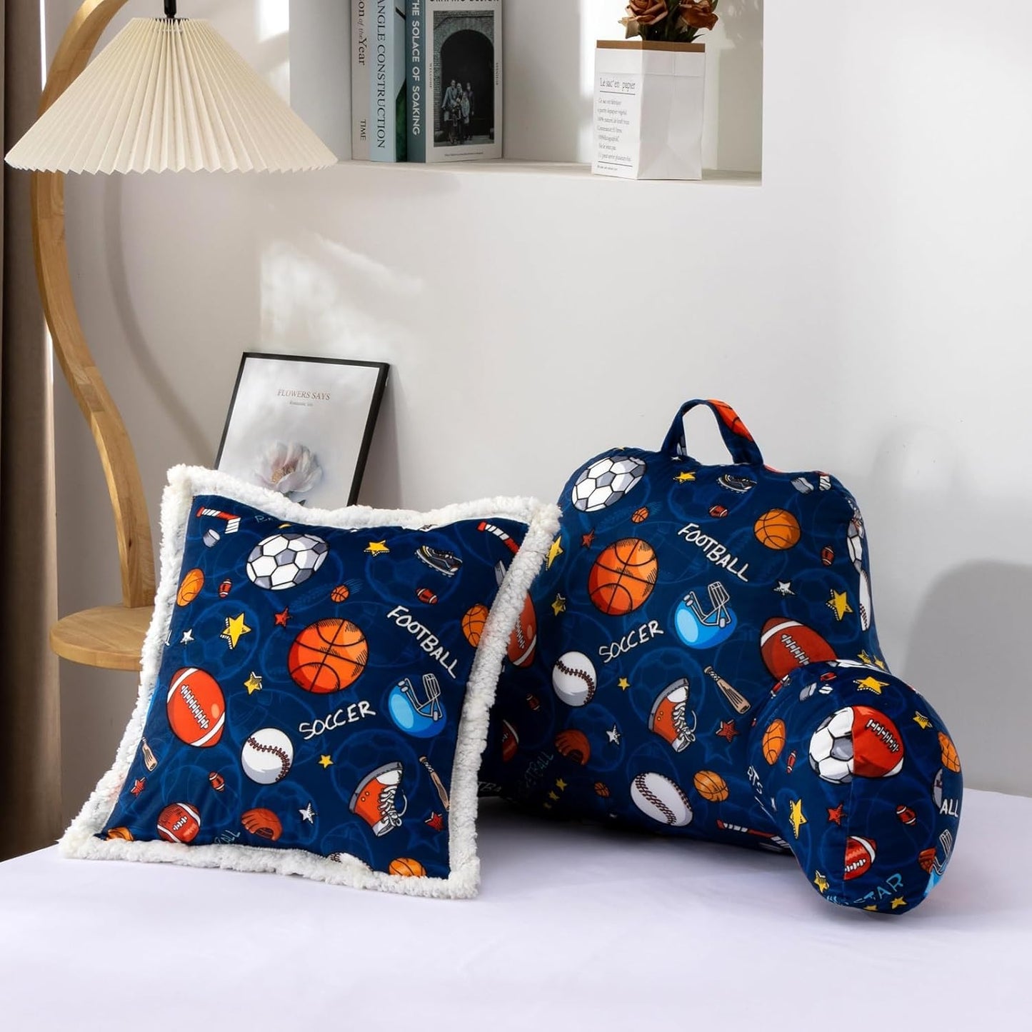 A Nice Night Kids Back Reading Pillow for Reading and Watching TV Bed to Lounge, Basketball Football Baseball Sports Party Printed,with Matching Cushion Cover