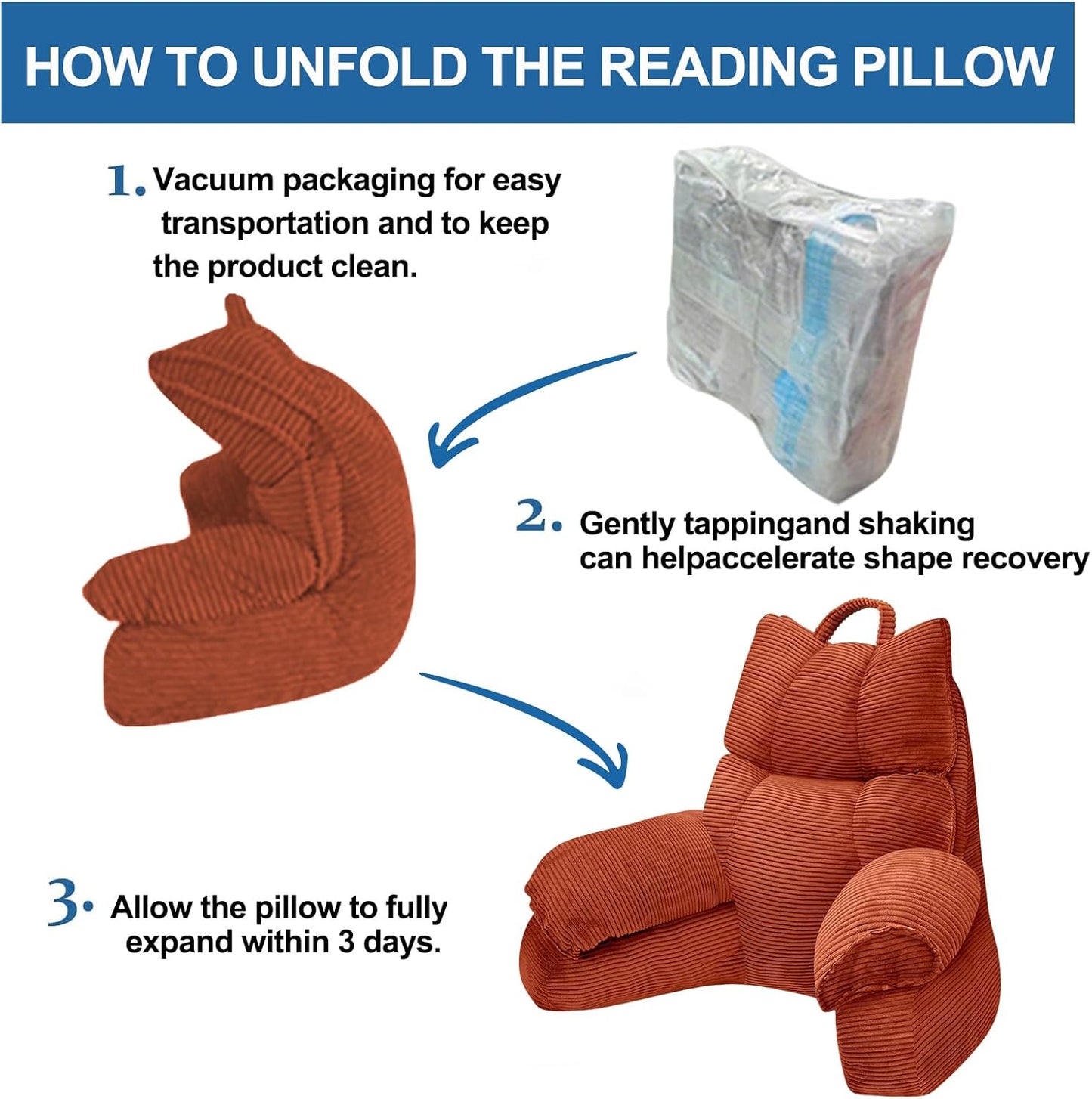 RRPAHWTV Reading Pillow for Bed with High Arm Rests,Back Support Pillow for Sitting Up in Bed with Shredded Memory Foam for Reading, TV, Gaming or Relaxing on Floor(Bright Orange,Large)