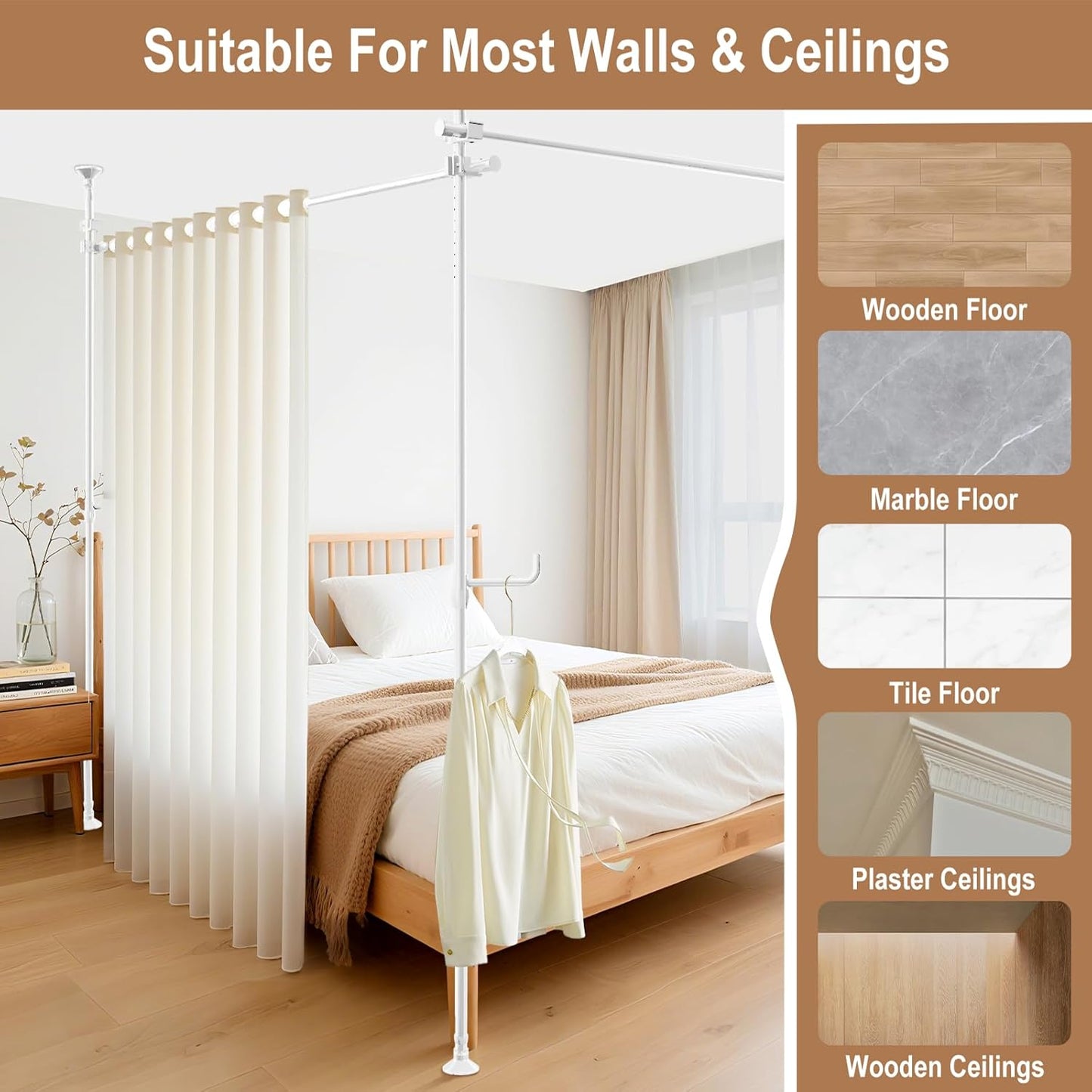 Seamless Room Divider Curtain Rod - No Drilling Space Partition Adjustable Privacy Separator, 4-10ft(H) 28-161inch(W) Adjustable, Heavy Duty Freestanding Tension Curtain Stand, White