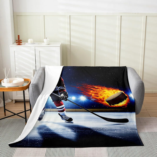 Boys Ice Hockey Fleece Blanket Kids Ice Hockey Player Flannel Blanket All Season 40x50 Inch Teens Winter Sports Game Flannel Blanket Young Man Fire Hockey Puck Fuzzy Blanket Sofa Bed Couch Decor