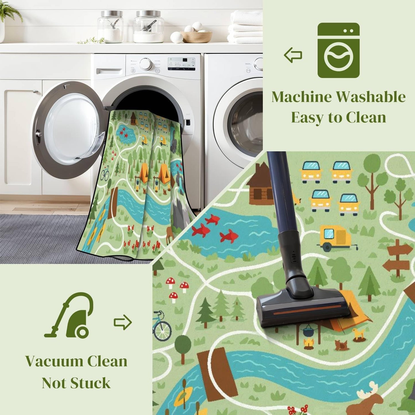 Camping map Summer Camp Nature Clip Art Infographic Elements Mountains Area Rug Outdoor Patio Rug Play Mat Modern Floor Carpet Non-Slip Home Decor Living Room Kids Bedroom Nursery, 3x5 ft