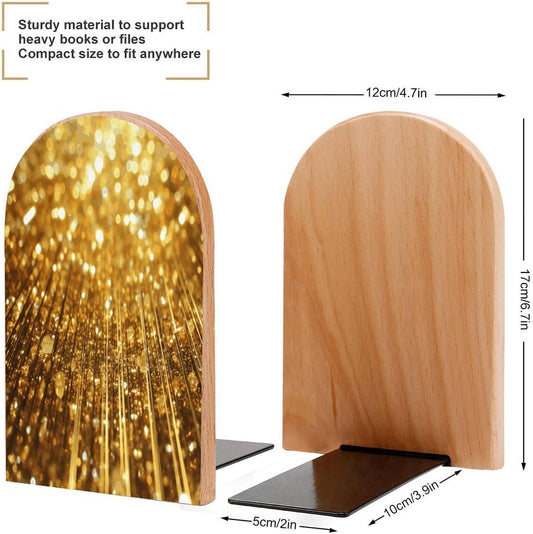 Gold Bling Bookend for Shelves Wooden Book End Large Size Sturdy Book Holders Stoppers with Metal Base for Bookshelves Slick Decorative Bookends Stands
