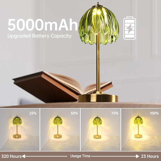 Tulip Table Lamp with 5000mAh Battery & Touch Control, Cordless Table Lamp with 3 Colors, Dimmable Rechargeable Table Lamps for Bedroom, Nightstand, Living Room, Entryways (Green Tulip)