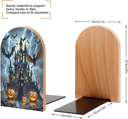 Witches Night Bookends 1 Pair Heavy Duty Book Ends for Shelves Non-Skid Bookend Supports Wooden Book Holders with Metal Base Desk Organizers Books Storage to Hold Books