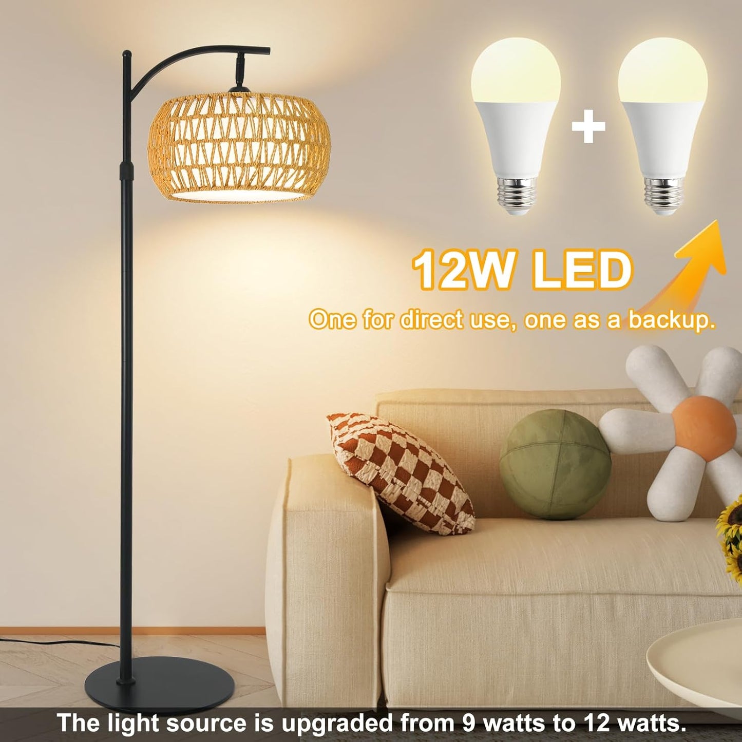 Boho Rattan Floor Lamp with Shade – 12W Bright Dimmable LED Bulb, Remote Control 3 Color Temperatures, Modern Farmhouse Handwoven Arc Standing Light for Living Room Bedroom
