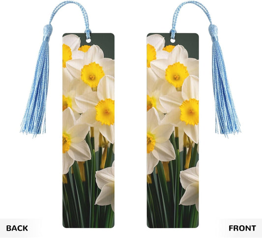 Daffodils Photos Bookmarks Gifts for Women Men, Wooden Bookmarks for Book Lovers, Vintage Book Marks Ornaments with Tassel, Unique Personalized Reading Page Markers Sky Blue