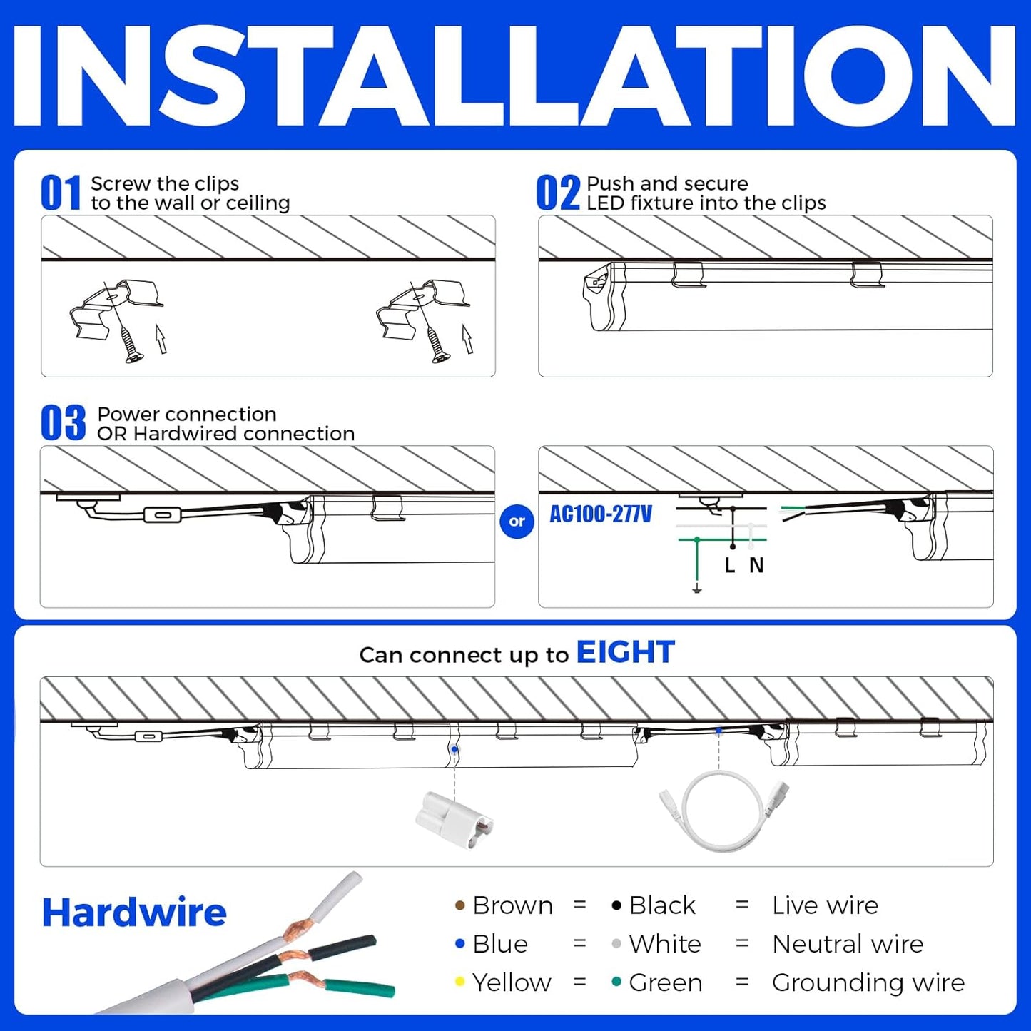 Barrina T5 4FT LED Shop Light, 2 Pcs Power Cords 6500K Super Bright White 2200lm 20W Utility Light Fixture, Ceiling Commercial Bay Light for Workshop Garage, Corded Electric with ON/Off Switch, 6 Pack