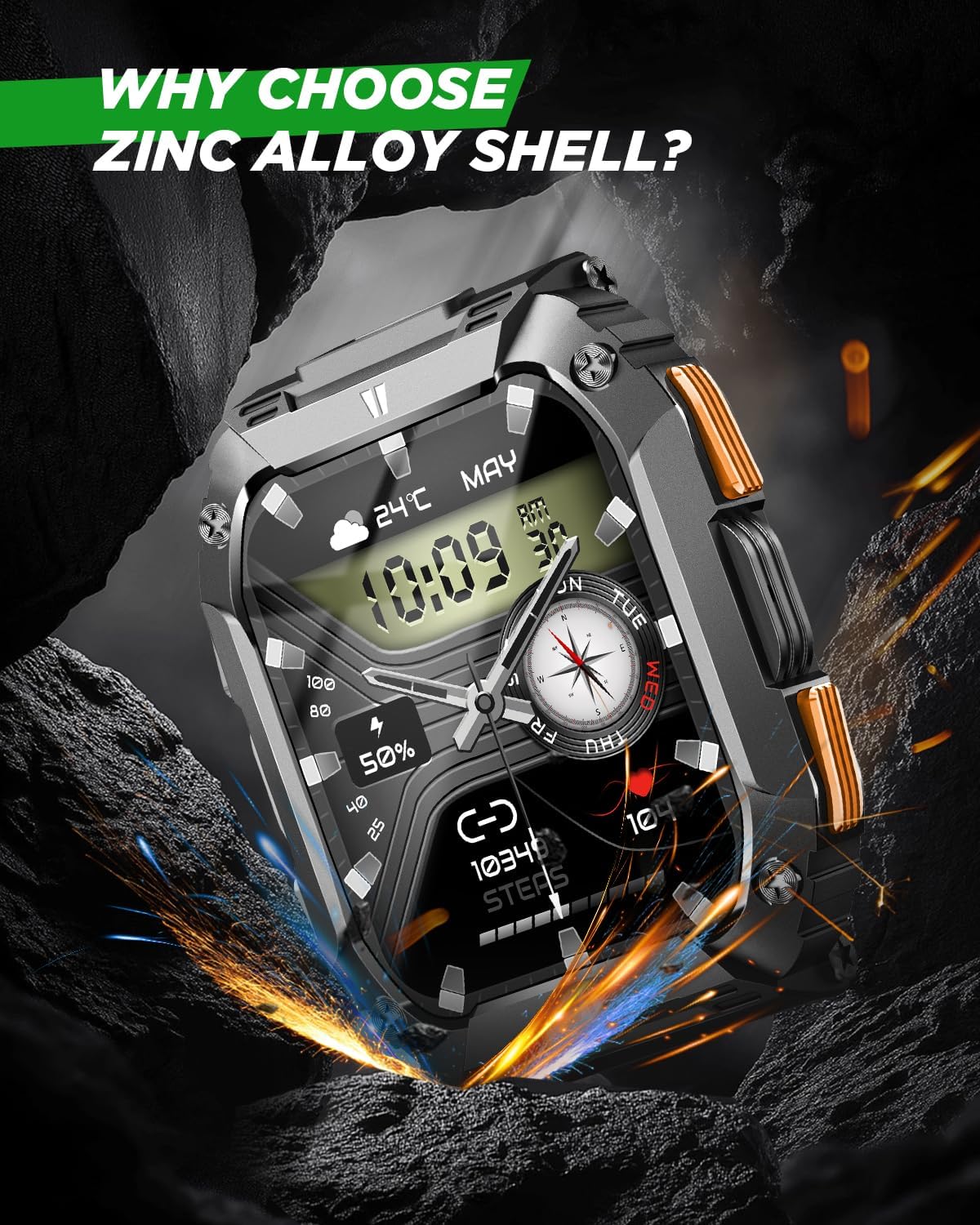 Smart Watches for Men, 1.95'' Fitness Watch: Waterproof Military Smart Watch with 100 Days Battery Life/Call/Flashlight/Sleep/SpO2/Heart Rate Monitor/Step Tracker, Sport Smartwatch for Android iPhone