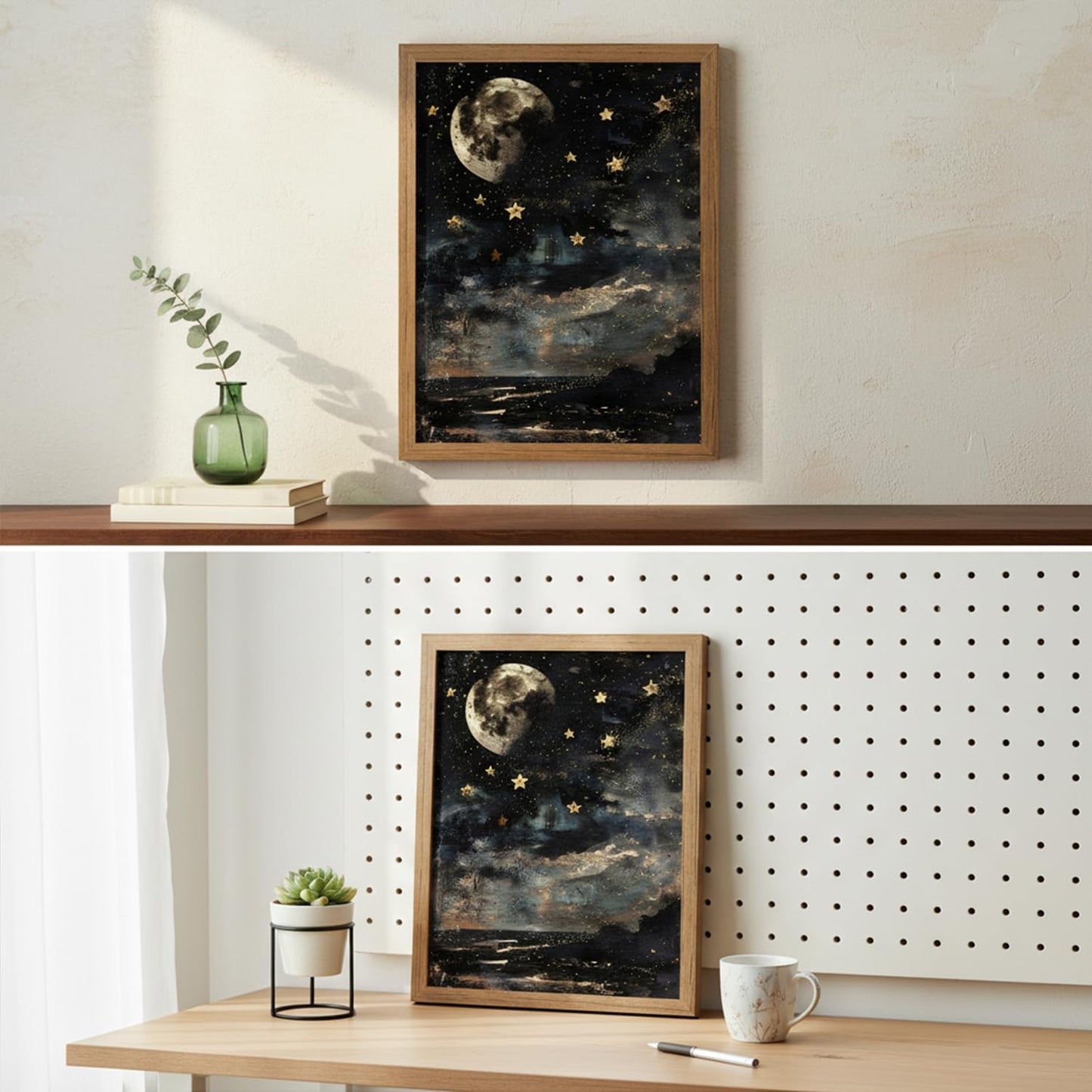 Dark Academia Celestial Canvas Wall Art Vintage Moon and Stars Wall Decor Moody Star Landscape Painting Artwork for Bedroom Living Room 8x10 Inch Wood Framed