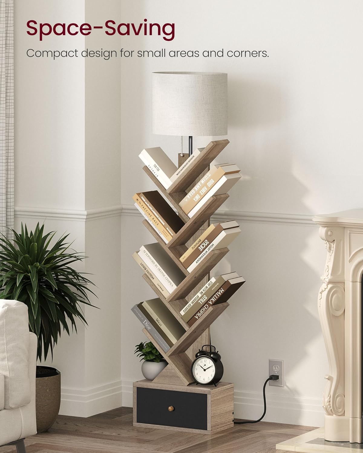9 Tier Tree Bookshelf with Light and Drawer, Floor Standing Bookshelf Storage Organizer for Books/CDs, 9 Shelf Small Bookcase for Bedroom, Living Room, Taupe