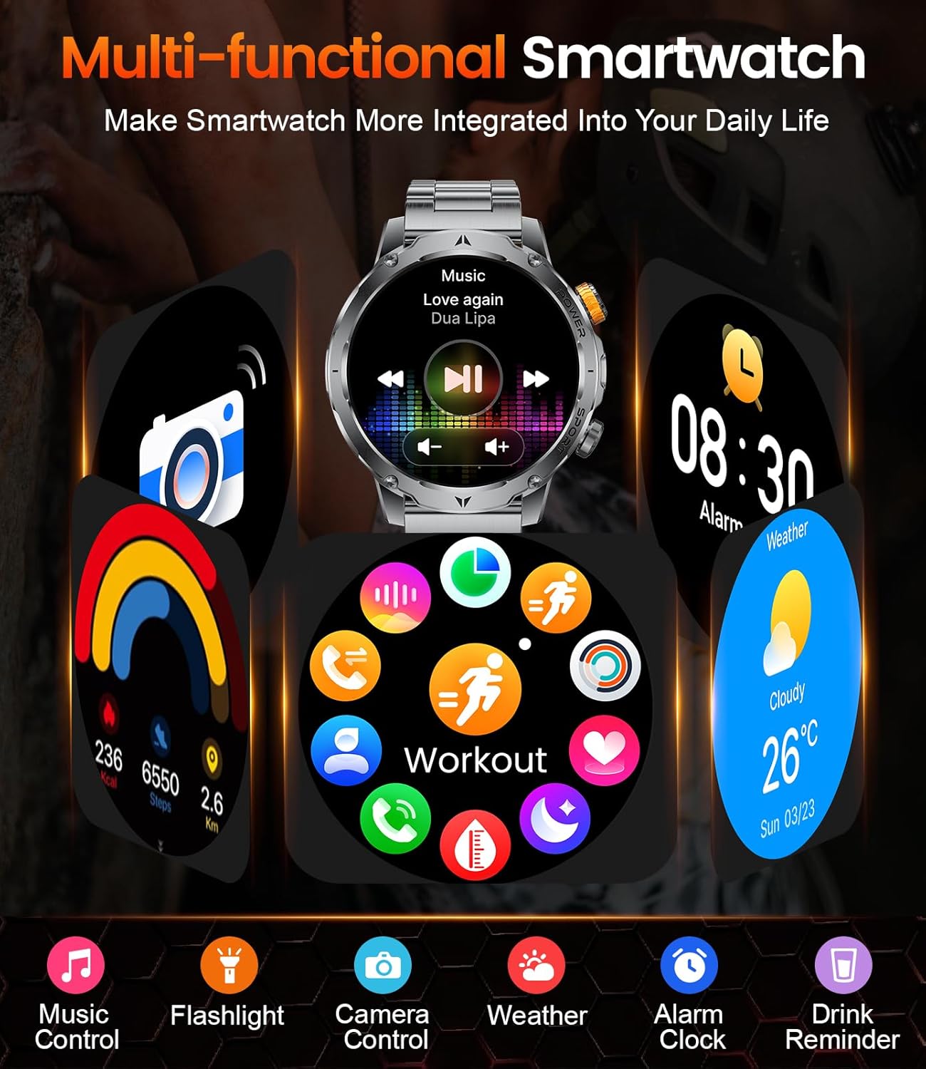LIGE Military Smart Watches for Men(3 Bands),1000mAh Battery/1.7" HD Large Screen Smartwatch, Flashlight/120+ Sports Modes/Sleep Monitor, 5ATM Waterproof Fitness Tracker Watch for Android iOS,Black