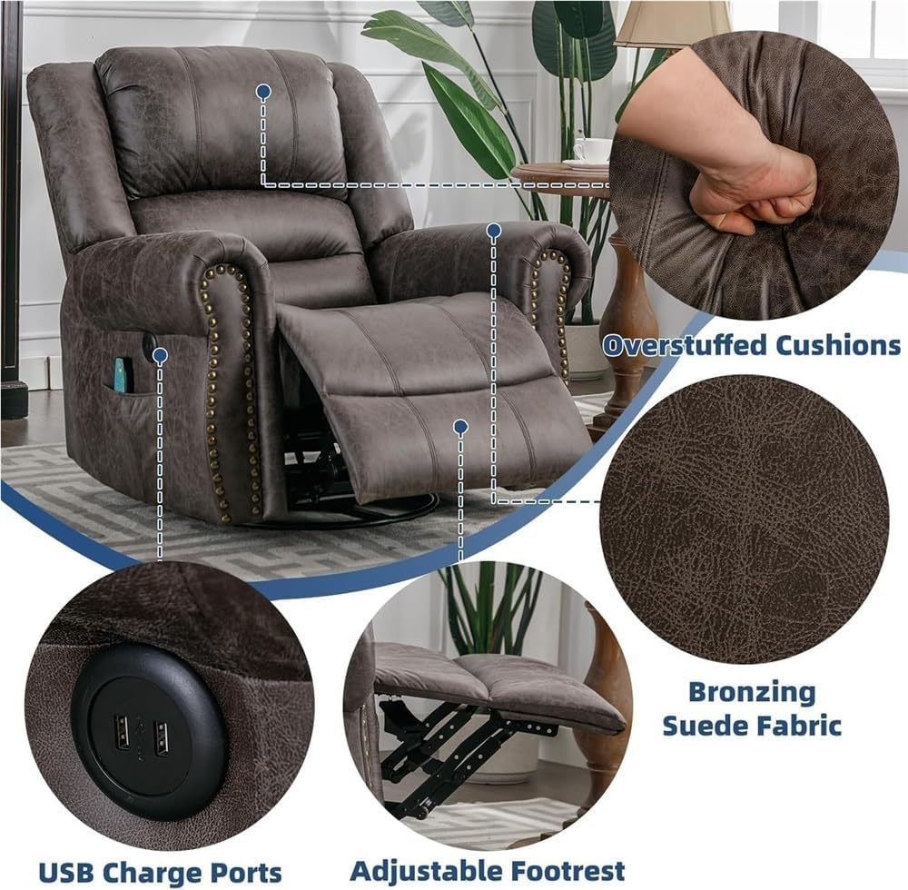 Power Recliner with Heat and Massage – Swivel Rocking Recliner Chair, USB Charging Ports, Side Storage Pockets, Manual Recline Option for Living Room, Home Theater, Office