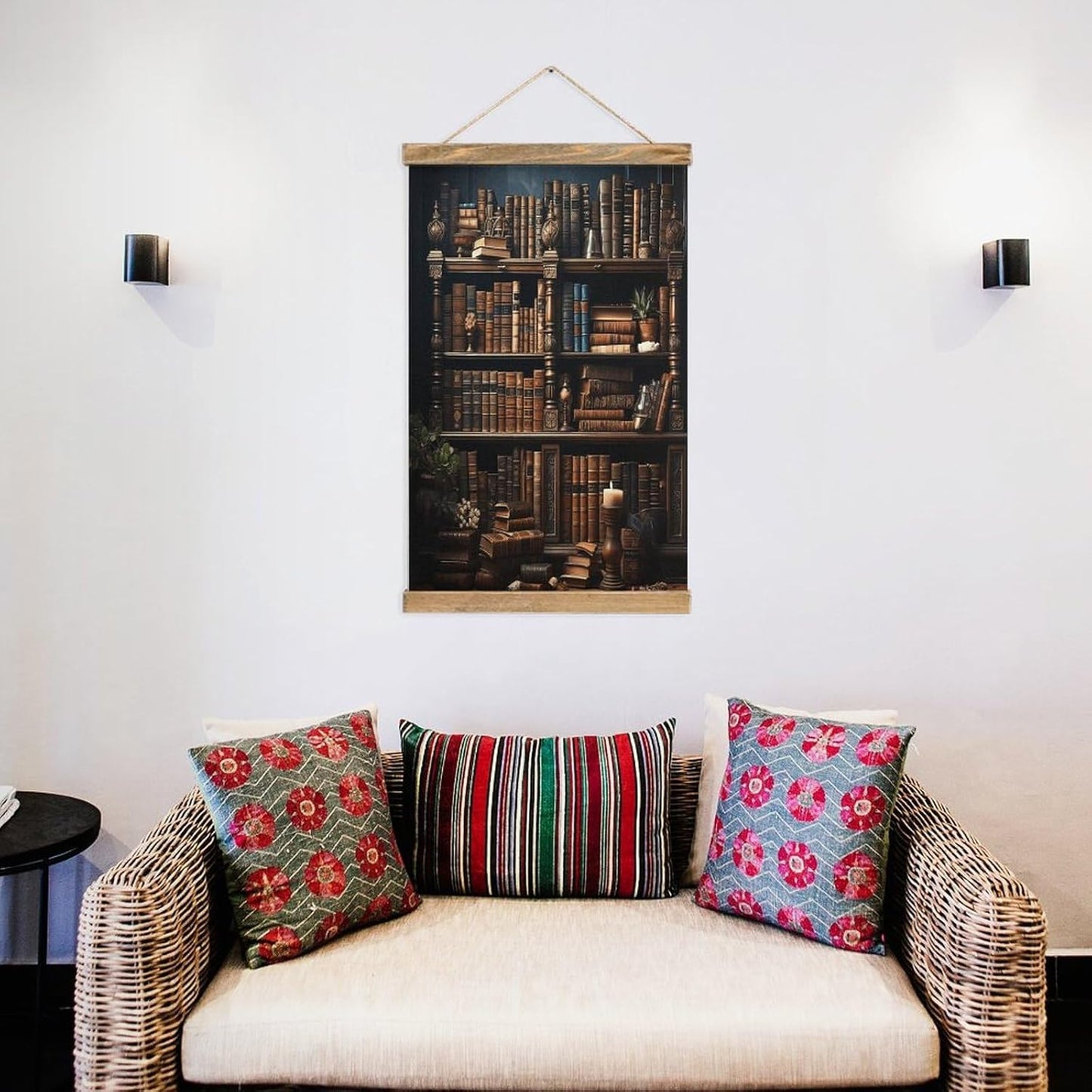 Vintage Books on The Bookshelf Poster with Wooden Frame Personalized Linen Hanging Scroll Painting Rustic Wall Hanging Illustrative Modern Artwork Decor for Home Living Room Bedroom Office