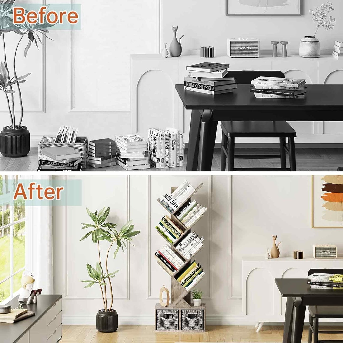 Vagusicc 6 Tier Tree Bookshelf with 2 Storage Cabinets, Tall Display Shelf Organizer for Books, Magazines, Home Decor, Narrow Wooden Floor Standing Bookcase for Living Room, Home Office, Grey