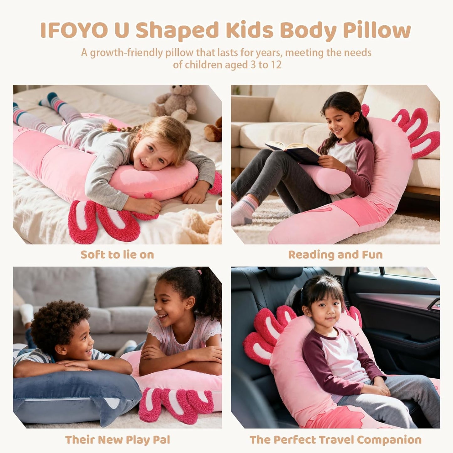 IFOYO Axolotl U-Shape Kids Body Pillow, 43" Minky Kids Full Body Pillow for Sleeping, Reading, ADHD & Sensory Relief, Kid Animal Cuddle Pillows Washable Cover Snuggle Fun Hug Gift for Boys & Girls