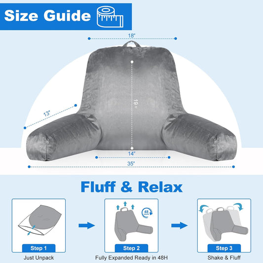 Reading Pillow Premium Backrest Support for Bed, Couch & Floor, Back & Arm Support Reading Pillow for Adults & Teens – Washable Cover, Grey