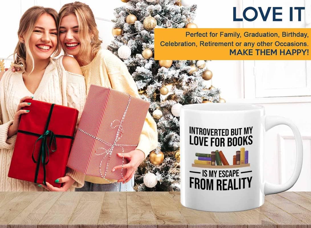 Book Lovers Coffee Mug 11oz White - Introvert but my love - Gift For Poets Bookish People Bibliophile Librarian Book Club Reader