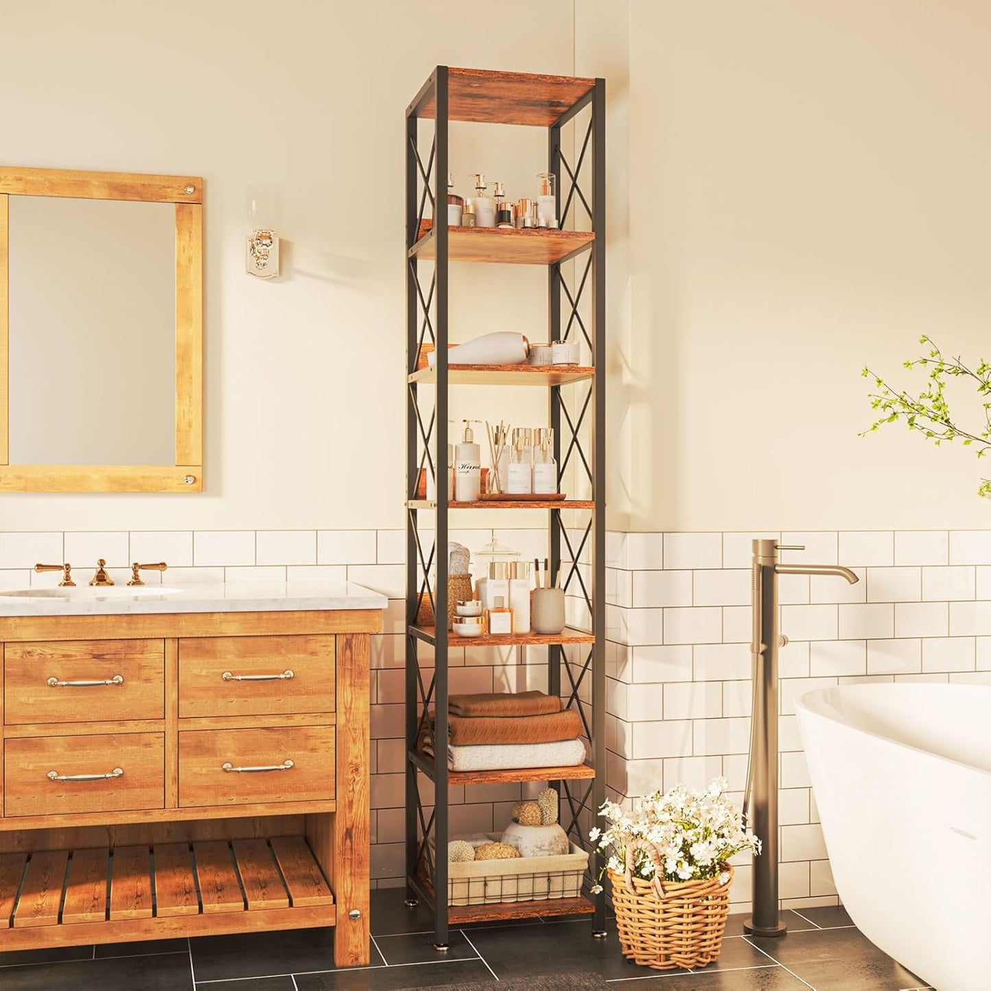 IBUYKE 6-Tier Tall Narrow Bookcase,Wood Corner Shelf Storage Display Rack for Small Spaces,Free Standing Open Bookshelf Square Shelf Tower for Home Office Living Room Bathroom, Rustic Brown UTBC001H