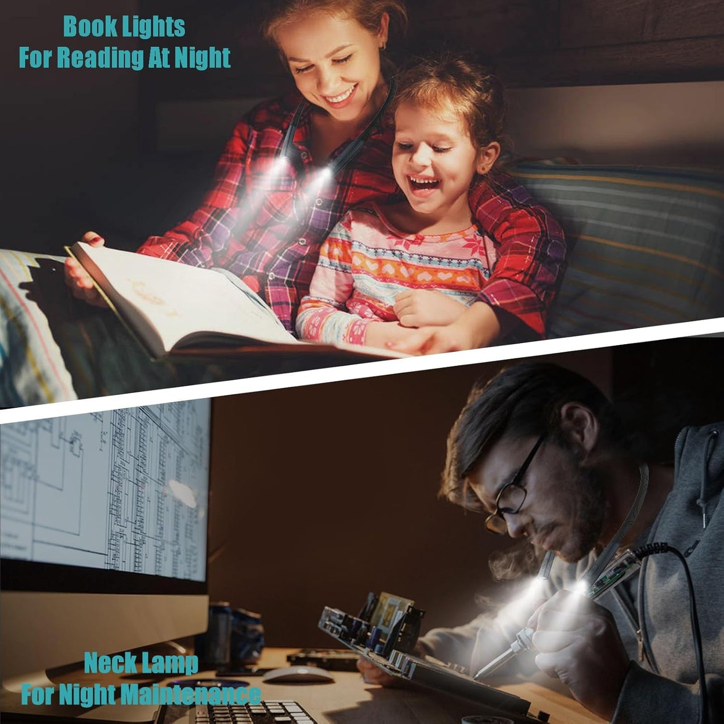 LED Neck Reading Light, Book Light for Reading in Bed, 3 Colors, Stepless Dimming Brightness, Bendable Arms, Hand Free Rechargeable, Perfect for Reading, Knitting, Camping, Repairing.