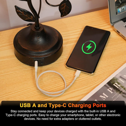 Touch Control Table Lamp Vintage Leaf Vine Lamp Decorative Bedside Lamp Dimmable Desk Lamp with USB A and Type-C Charging Ports Amber Glass Lampshade Warm White Light LED Bulb Included