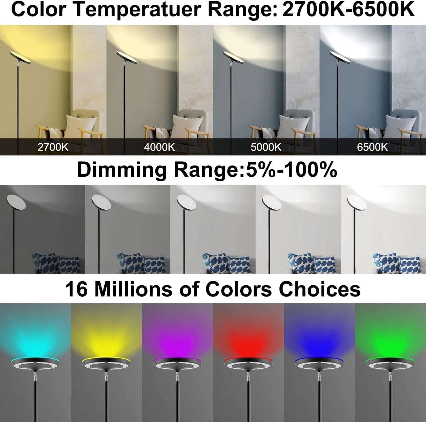 Keepsmile Double Side Lighting Led Floor Lamp with Remote Smart App 36W/2600LM Bright Tall Standing RGB Floor Lamp Angle Multicolor Dimmable Modern Floor Lamps for Livingroom Bedroom Office