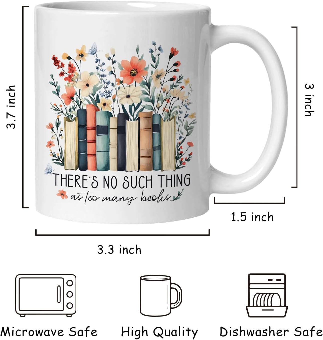 Book Lover Mug, Book Lover Gifts for Women Coffee Cup Ceramic, Bookish Bookworm Readers Librarians Gifts, There Is No Such Thing As Too Many Books Cup Ceramic Coffee Tea Mug 11 oz