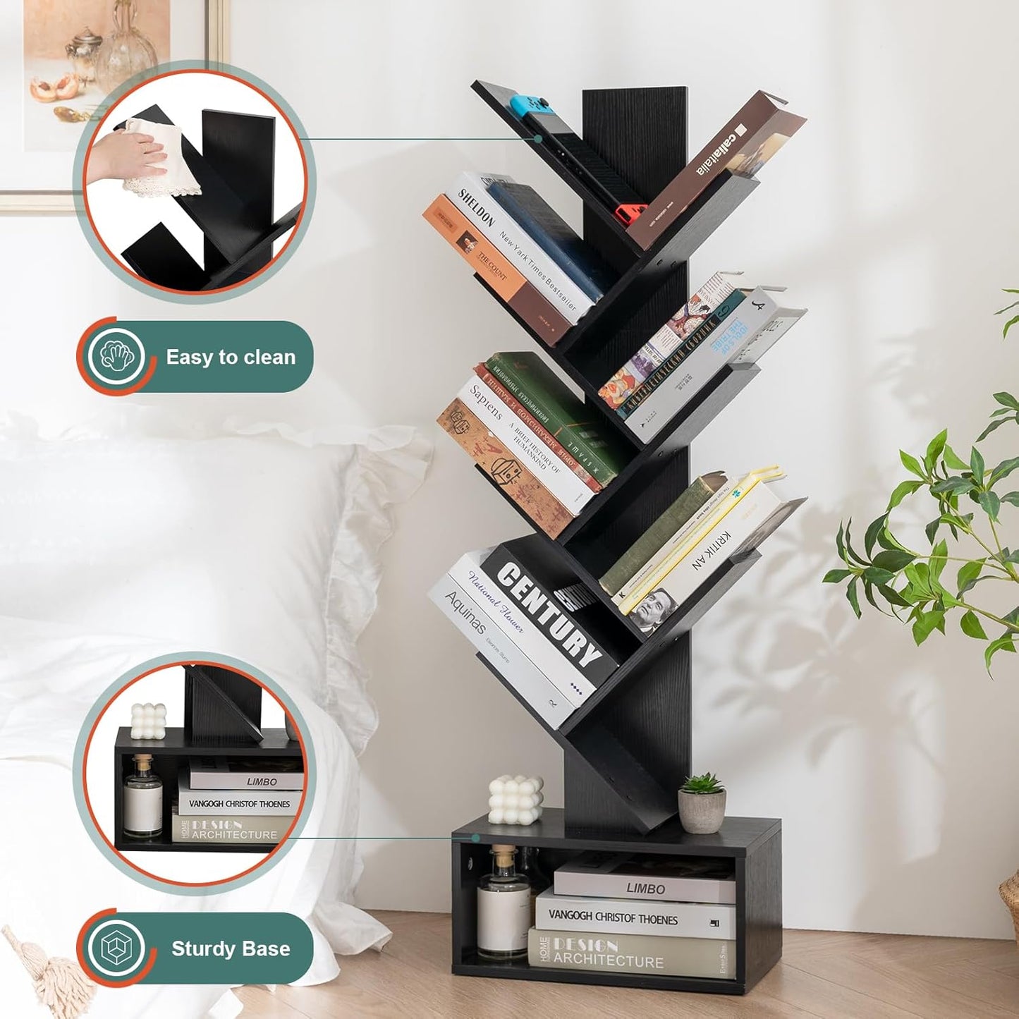 Yoobure Tree Bookshelf, 6 Tier Small Book Shelf Retro Floor Standing Bookcase, Wood Book Storage Organizer Rack, Tall Narrow Bookshelves for Corner/Bedroom/Living Room/Home Office, Black