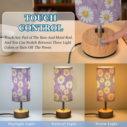 Dimmable White Daisy Flowers Lavender Leaves Table Lamp with 2 USB C Charging Ports & AC Outlet, Touch Lamps for Nightstand Bedside Small Lamp Night Stand Side Light for Bedroom/Desk, 14 in