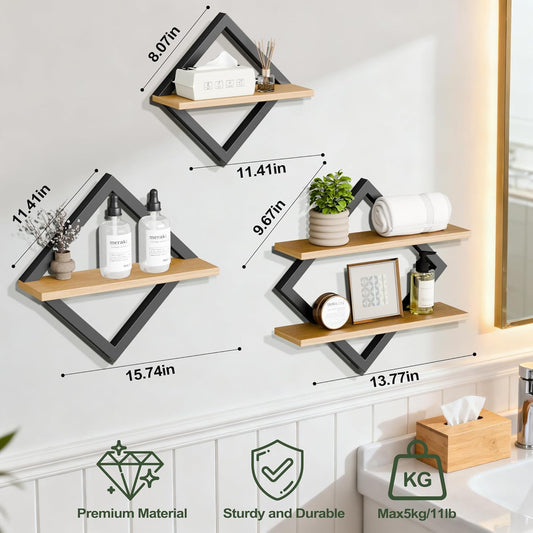 Floating Shelves Set of 3-2-Tier Hanging Wall Mounted Shelves, Decorative Storage Shelf for Living Room, Bedroom, Bathroom & Kitchen, Rustic Brown (3)