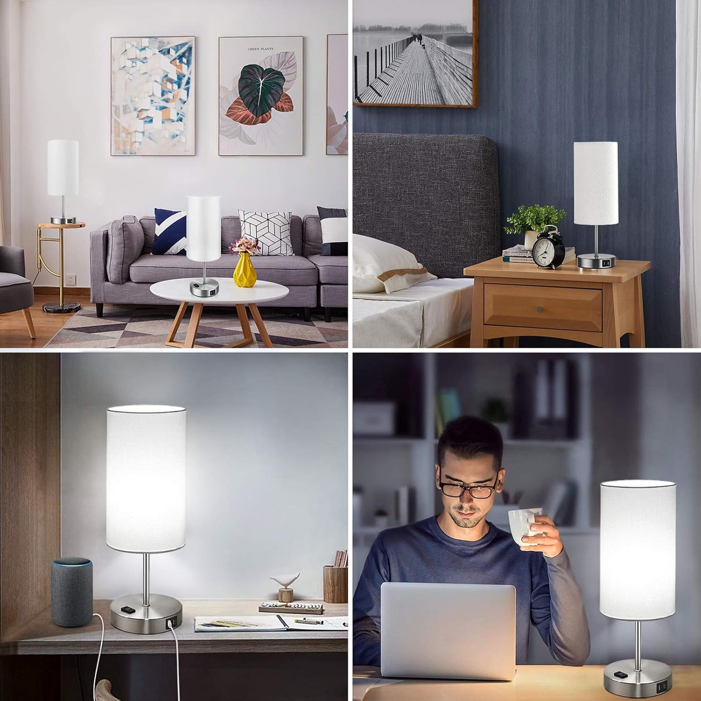 Set of 2 Touch Control Table Lamps with 2 USB Charging Ports&AC Outlet, 3-Way Dimmable Bedside Nightstand Lamps with White Fabric Lampshade for Reading, Bedroom, Living Room, A19 LED Bulbs Included