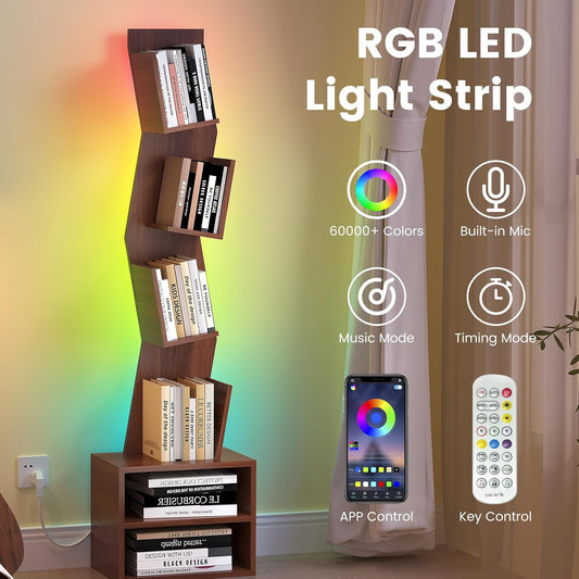 6 Tier Tree Bookshelf,Small Book Shelf with LED Lights,Corner Bookcase,Book Organizer Shelves,Floor Standing Book Shelves for Living Room,Home Office,Living Room,Vintage Rustic Brown
