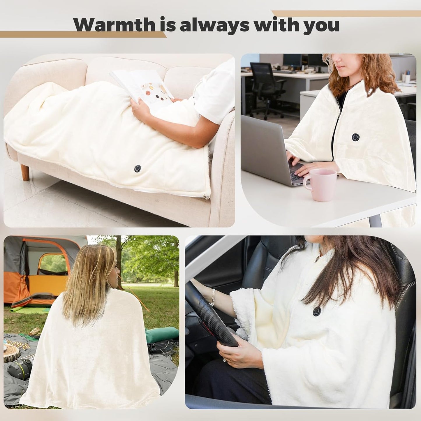 USB Heated Blanket for Keeping Warm, Cordless Wearable Throw with 3 Heat Levels, Battery Operated(No Power Bank Included) Shawl for Outdoor Use(Milk)