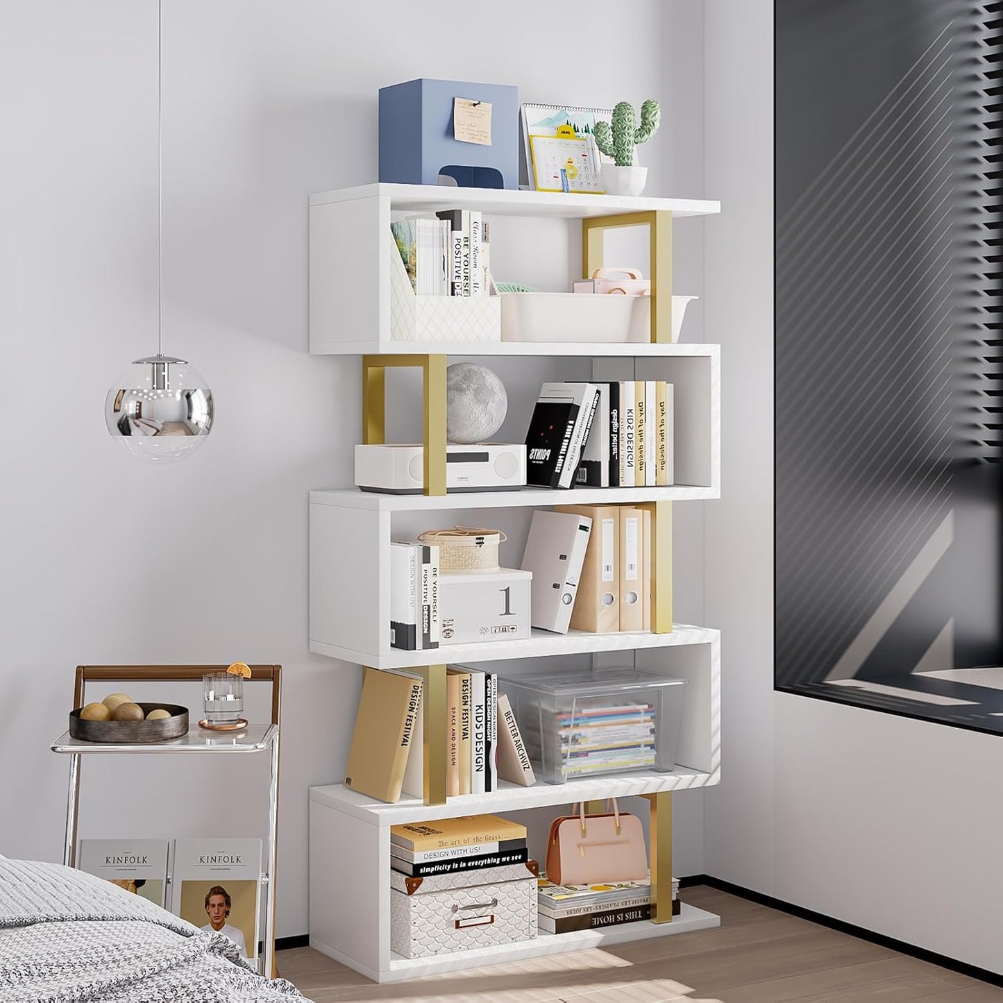 SORCEDAS Bookshelf Geometric Bookcase S Shaped Industrial Bookshelf Storage Display Stand Shelf for Living Room Bedroom and Office Room (White, 5 Tier)