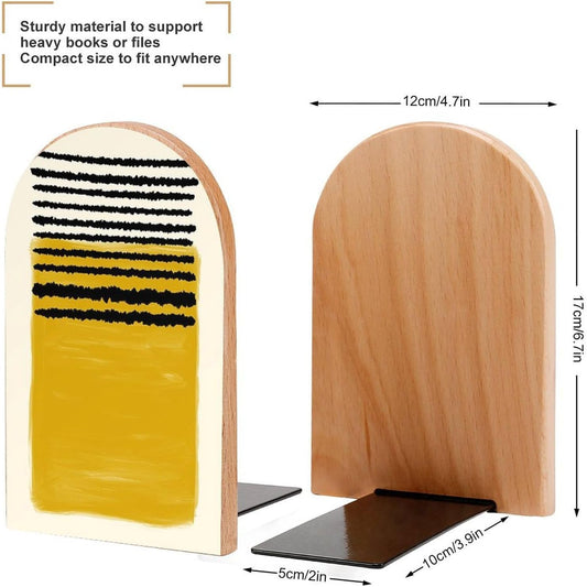 Mustard Yellow Lines Wooden Bookend Non-Slip Book Ends Heavy Duty Book Stopper with Metal Base Books Holderd Decorative Bookends Stands Firmly for Office Supplies