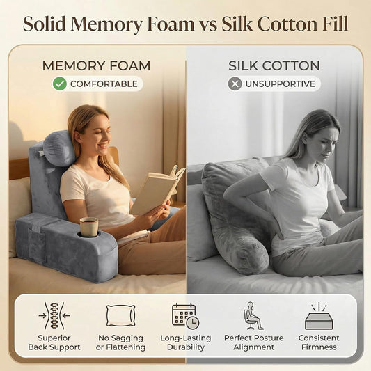 AS AWESLING 19 INCH Reading Pillow for Adults, Back Pillow for Bed Sitting Up, Backrest Pillow for Sitting in Bed, Detachable Arms with Built-in Cup & Phone Caddy (Gray, 19 INCH)