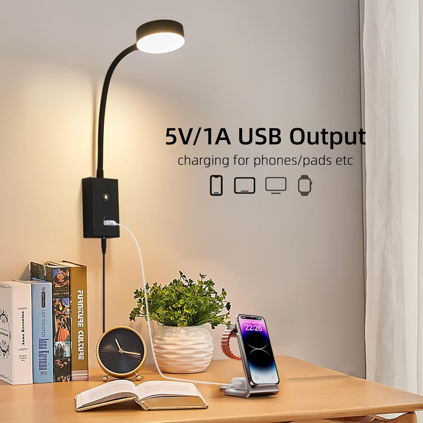 LED Wall Mounted Reading Light for Bed, Flexible Gooseneck Book Light for Wall Bedside Lamp with USB-A/C Output,Touch Control 5 Dimmable Headboard Bed Lights