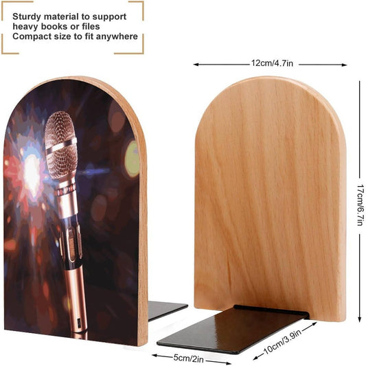 Non-Slip Bookend for Shelves Karaoke Microphone Wooden Bookends with Metal Base Decorative Book Stopper for Home Heavy Duty Wood Book Storage for Books/CDs