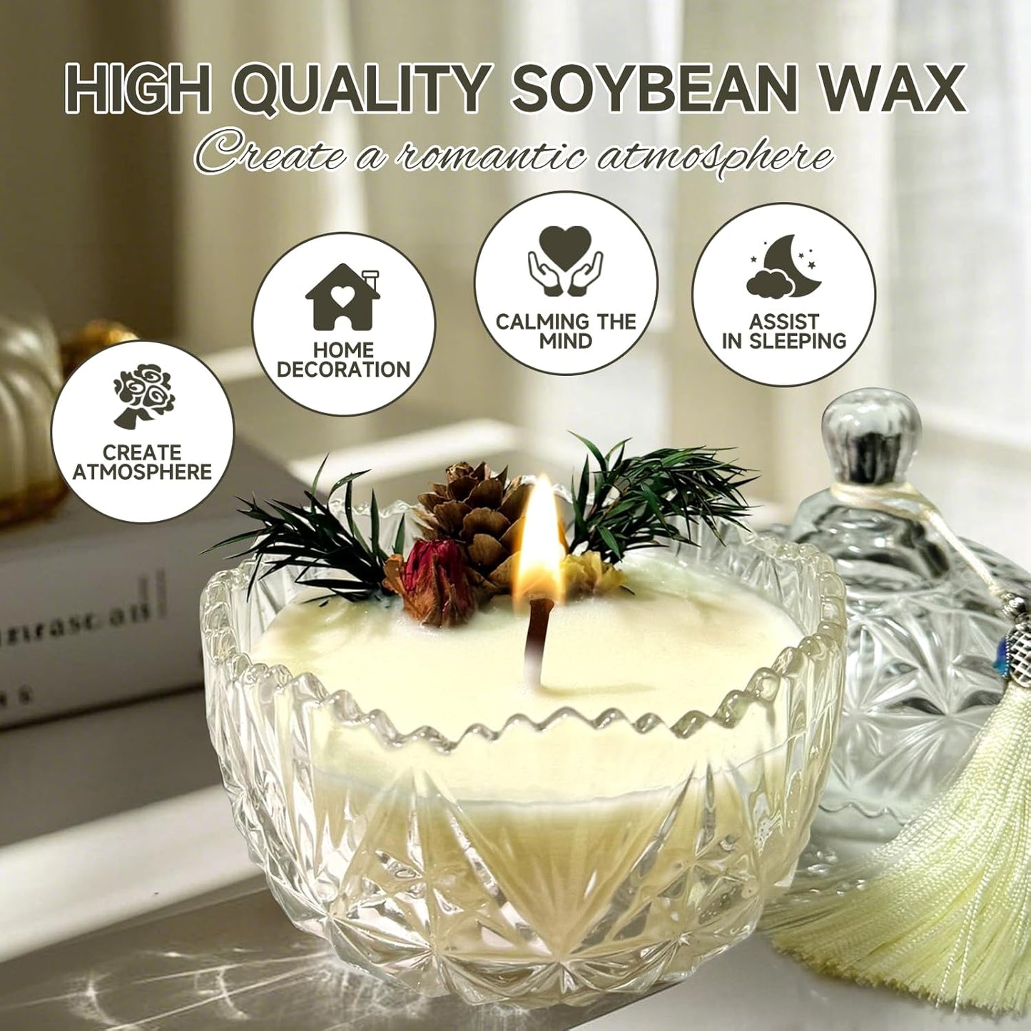 Jar Candy Bowl Shape Soy Wax Unscented Candle, Aromatherapy Candles for Home Scented or As a Birthday/Holiday Candle Gift for Your Lover(7.05OZ/48Hours Burning)