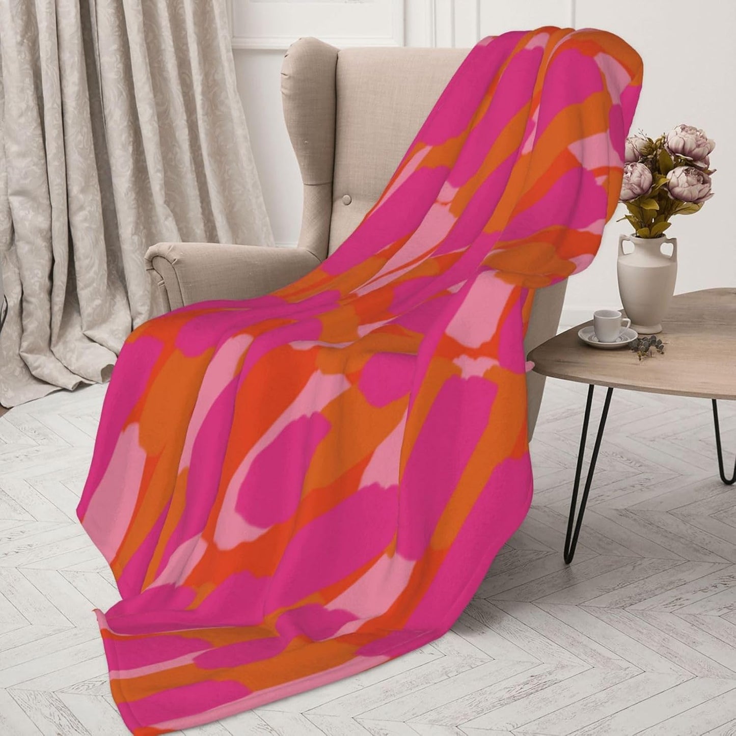 Fleece Throw Blanket for Couch Pink and Orange Paint Lightweight Warm Soft Cozy Flannel Blankets for Girls Women for Bed Sofa 50" x 60"