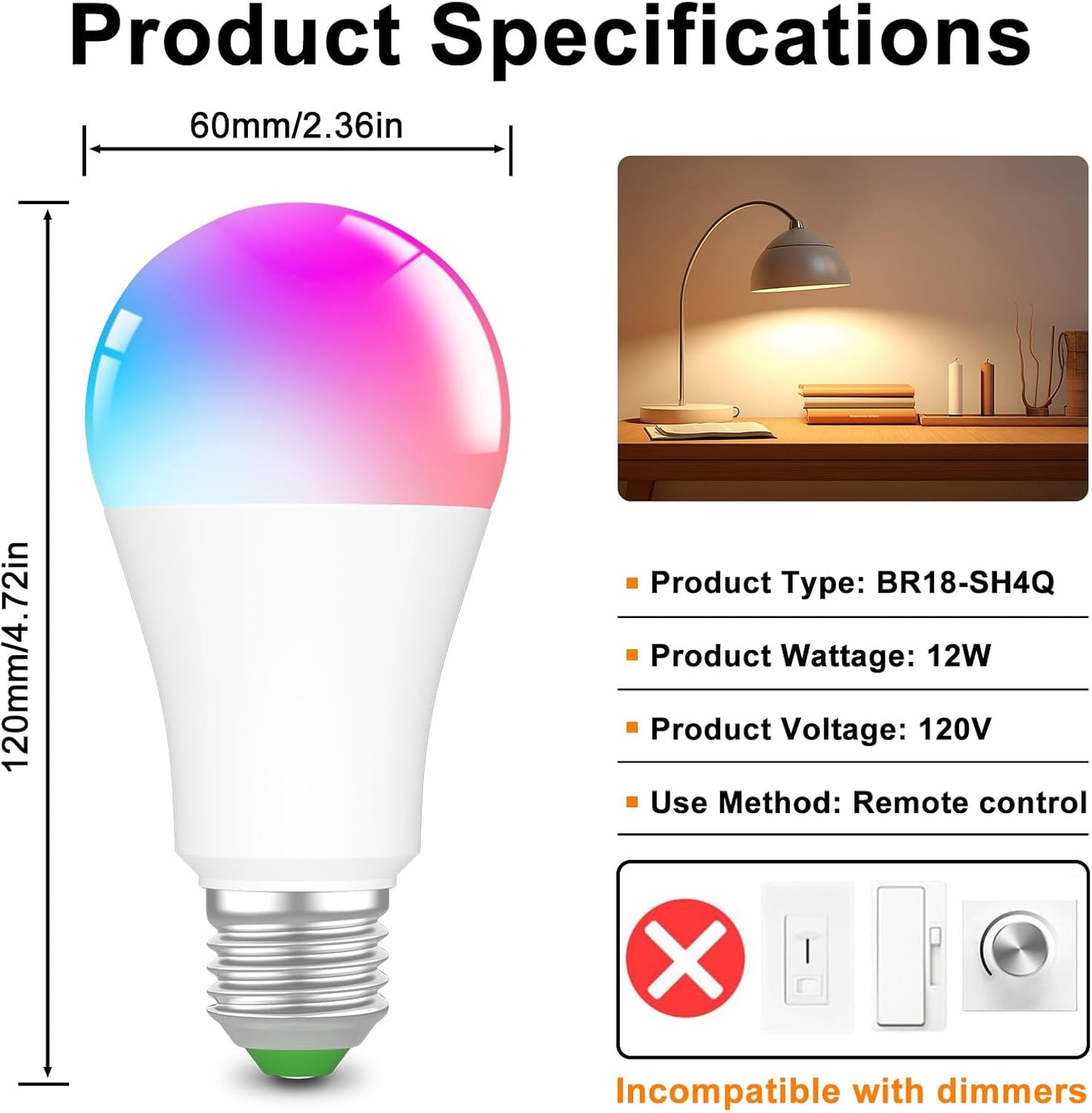 Amber Sleep Light Bulbs 1800K with Remote Control, E26 Blue Light Blocking A19, 12W LED Color Changing Bulb for Sleep Therapy, Baby Nursery, Reading Light