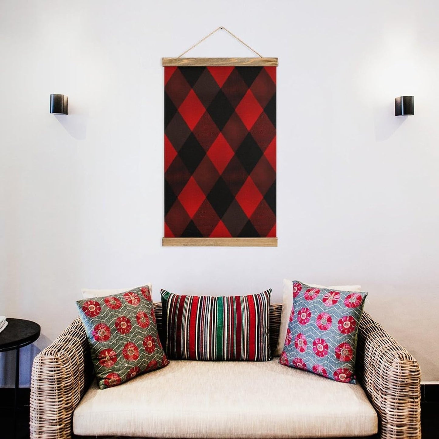 Vintage Plaid Red And Black Poster with Wooden Frame Personalized Linen Hanging Scroll Painting Rustic Wall Hanging Illustrative Modern Artwork Decor for Home Living Room Bedroom Office