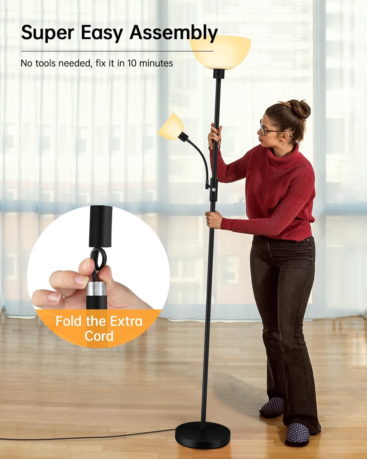 Floor Lamps for Living Room Black, 71" Tall Pole Bedroom Light, Bright Floor Lamp with Adjustable Reading Light, Simple Standing Lamp, White Plastic Lampshade, 3-Way Rotary Switch, Modern Mid-Century