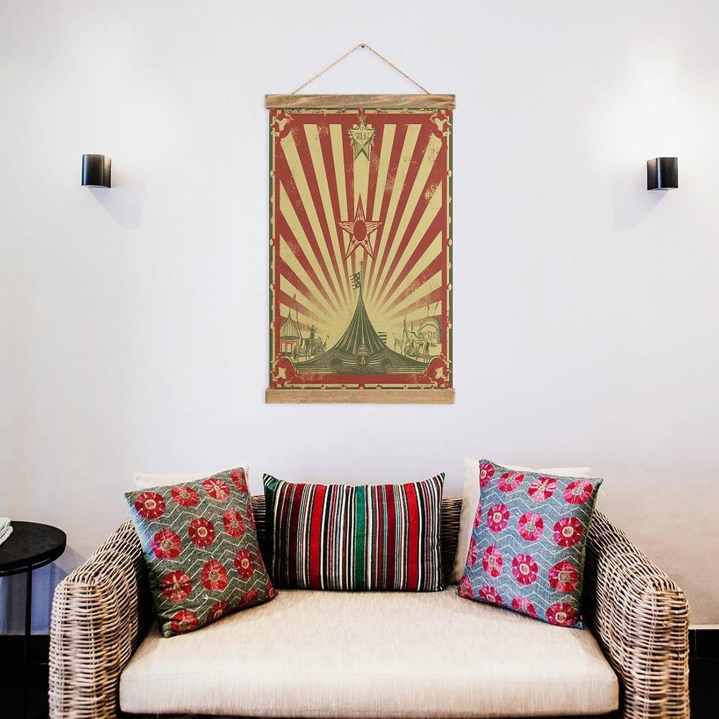 Vintage Vintage Circus Background Poster with Wooden Frame Personalized Linen Hanging Scroll Painting Rustic Wall Hanging Illustrative Modern Artwork Decor for Home Living Room Bedroom Office