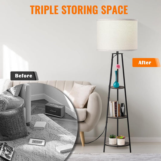 Floor Lamp, 3-Tier Round Corner Shelf Floor Lamp with 3 Dimmable Levels - Simple Standing Lamp with White Fabric Shade, Tall Modern Floor Lamps with Shelves for Bedroom, Living Room and Office