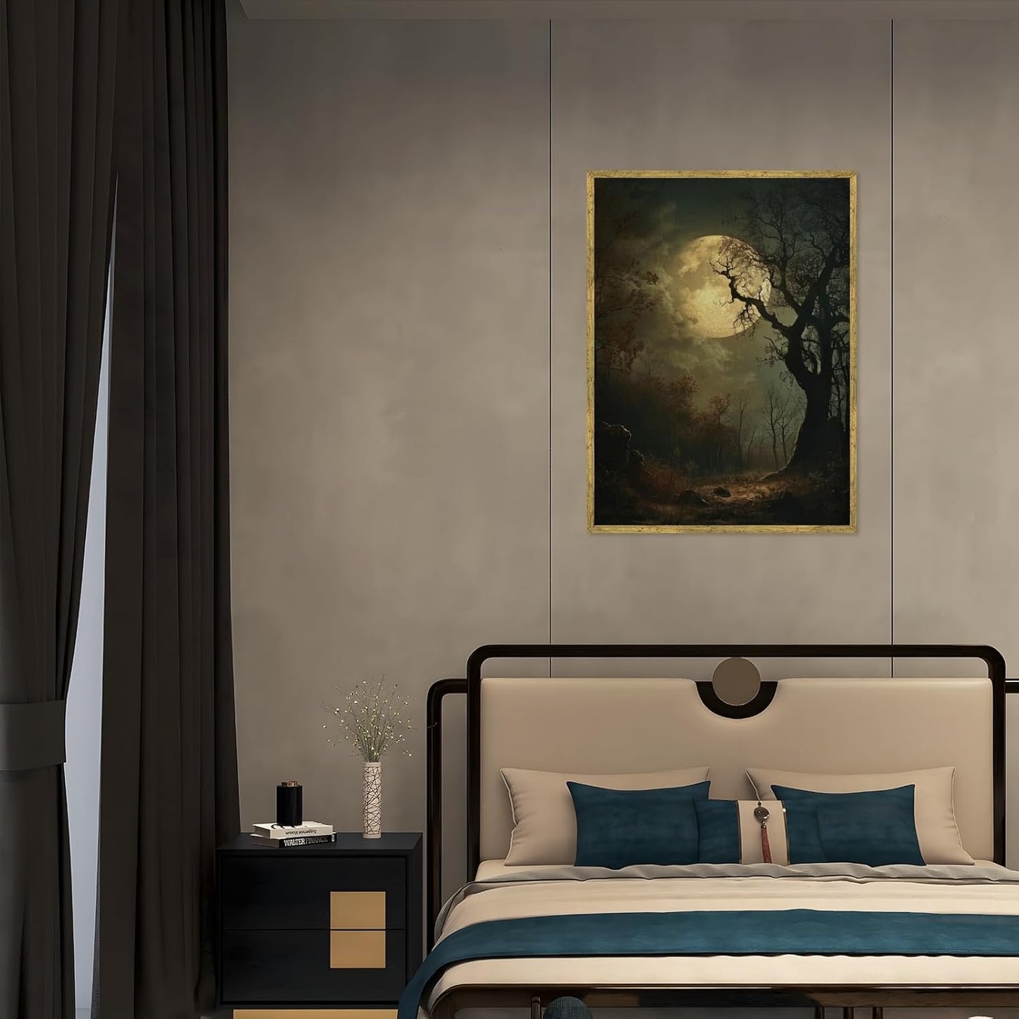 Balsuka Moody Forest with Full Moon Wall Art Vintage Gothic Moonlight Poster Dark Aesthetic Decor Nature Canvas Print Victorian Mystical Landscape Painting for Bedroom Bathroom 8x12inch Golden Frame