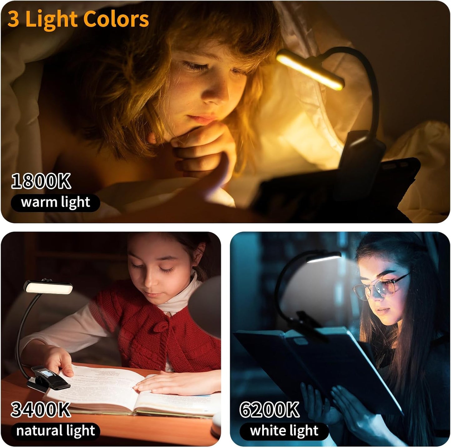 Mudder 24 LED Rechargeable Book Light Christmas Book Lover Gift for Reading in Bed with Memory Function Eye Caring 3 Color Temperatures Stepless Dimming Brightness 80 Hrs Runtime Clip on Light