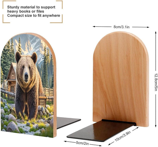 Rustic Lodge Bear Bookends 1 Pair Heavy Duty Book Ends for Shelves Non-Skid Bookend Supports Wooden Book Holders with Metal Base Desk Organizers Books Storage to Hold Books