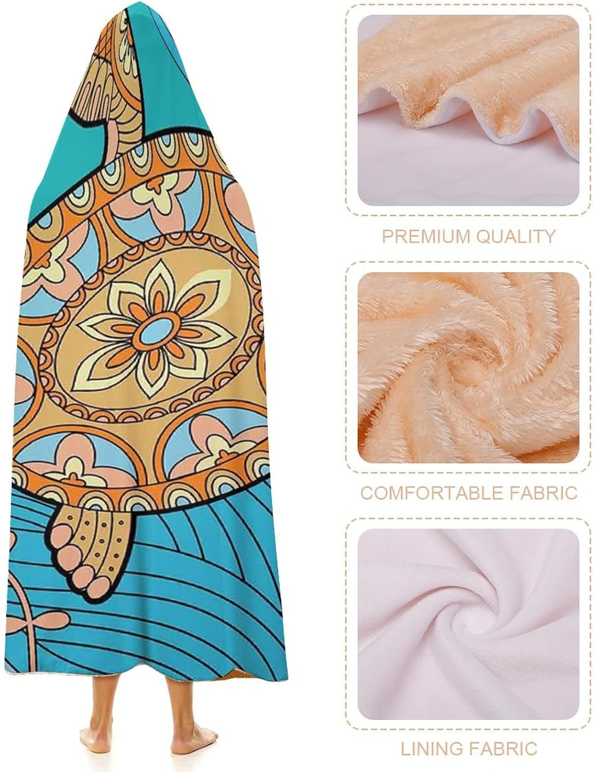 Throw Blankets, Turtle Women Men Hooded Blanket, Decorative Doodle of Sea Turtle on Water Surface, Soft Warm Cozy, 60 x 80inches, Studying Reading Snuggling Napping Office