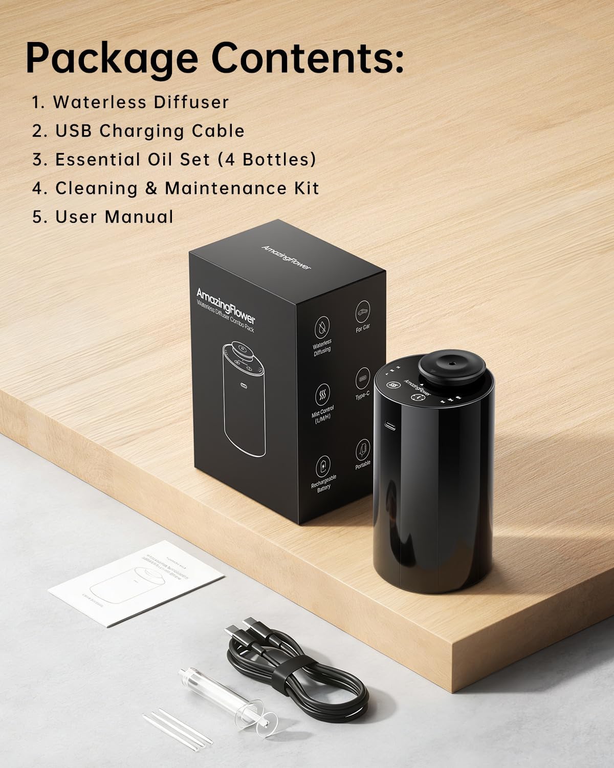 Waterless Essential Oil Diffuser with 4 x 10mL Hotel Scent Fragrance Oils, Rechargeable Car Diffuser Air Freshener Machine, 3 Timer & 3 Mist Modes, Aromatherapy Kit for Home