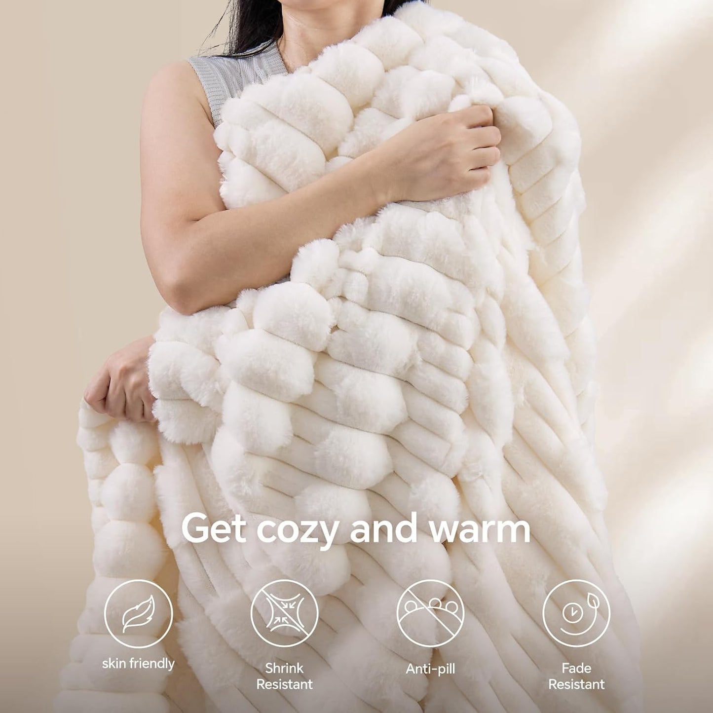 BEDELITE Faux Fur Cream Throw Blanket for Couch - Super Soft & Cozy Plush Striped Blanket for Sofa and Room Decor, Luxury Fluffy All-Season Blankets Gift for Women, Men, Mom, Dad, 50x60 inch, Cream